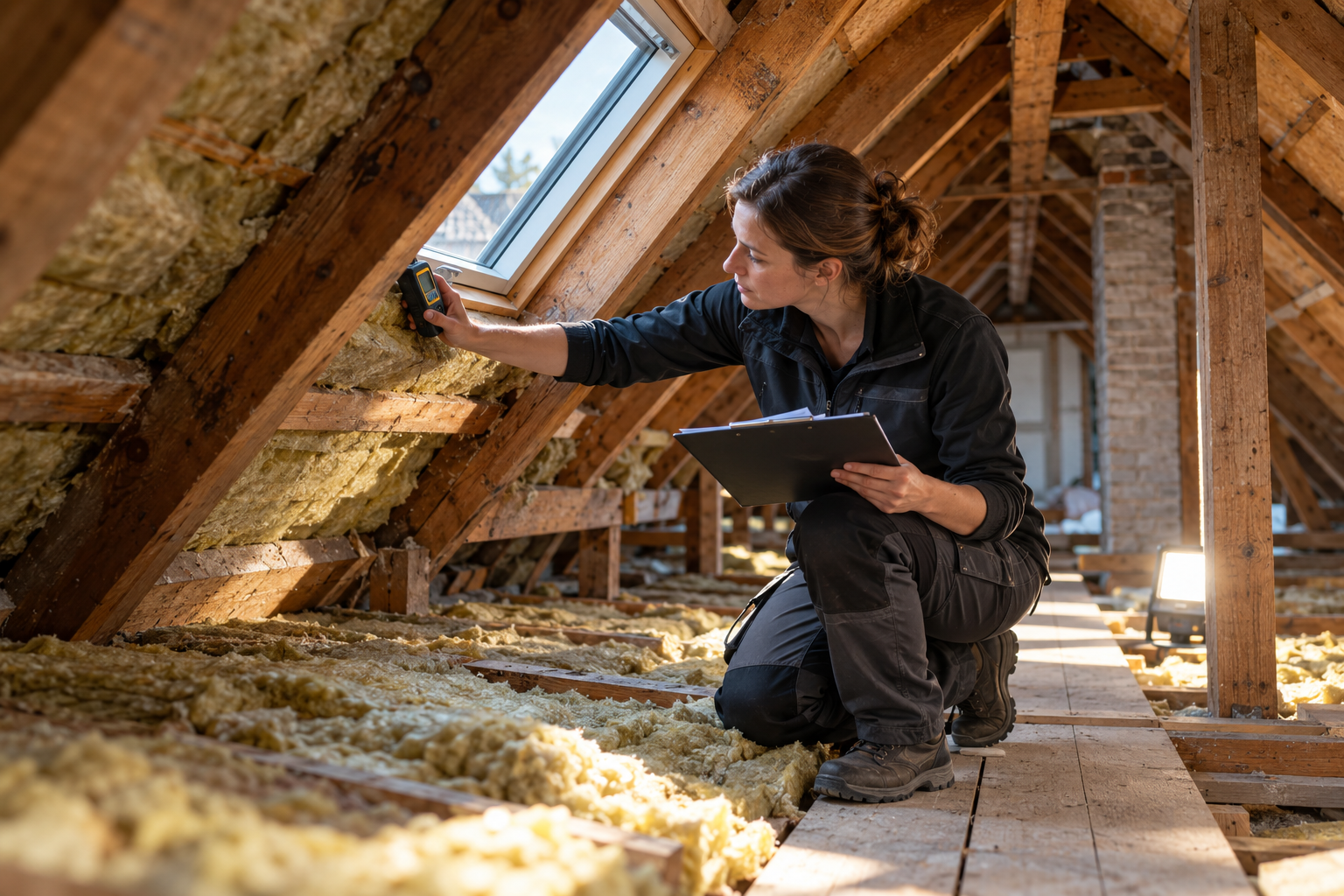 Ingenieurin prüft Dämmung und Holzkonstruktion im Dachraum