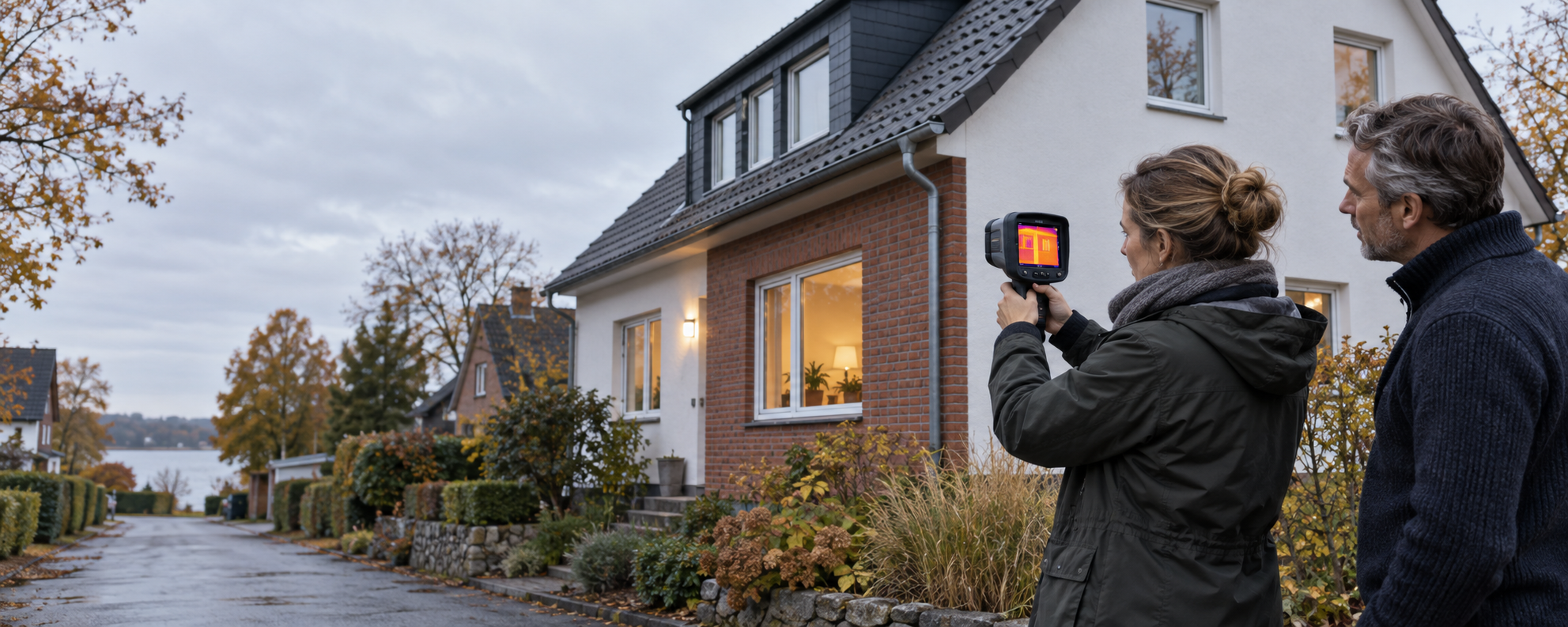 Energieberaterin untersucht ein deutsches Wohnhaus mit Wärmebildkamera